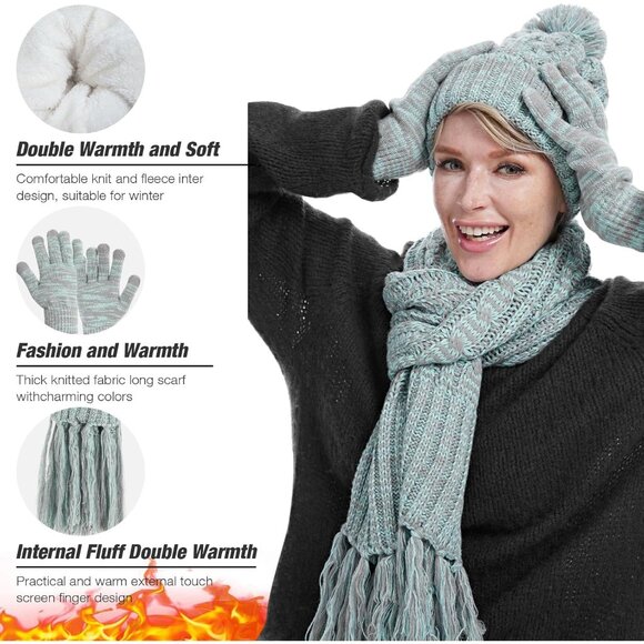 Winter Beanie Hat Scarf and Gloves Set for Women Warm Chunky Knitted Pom Cap - Picture 5 of 6
